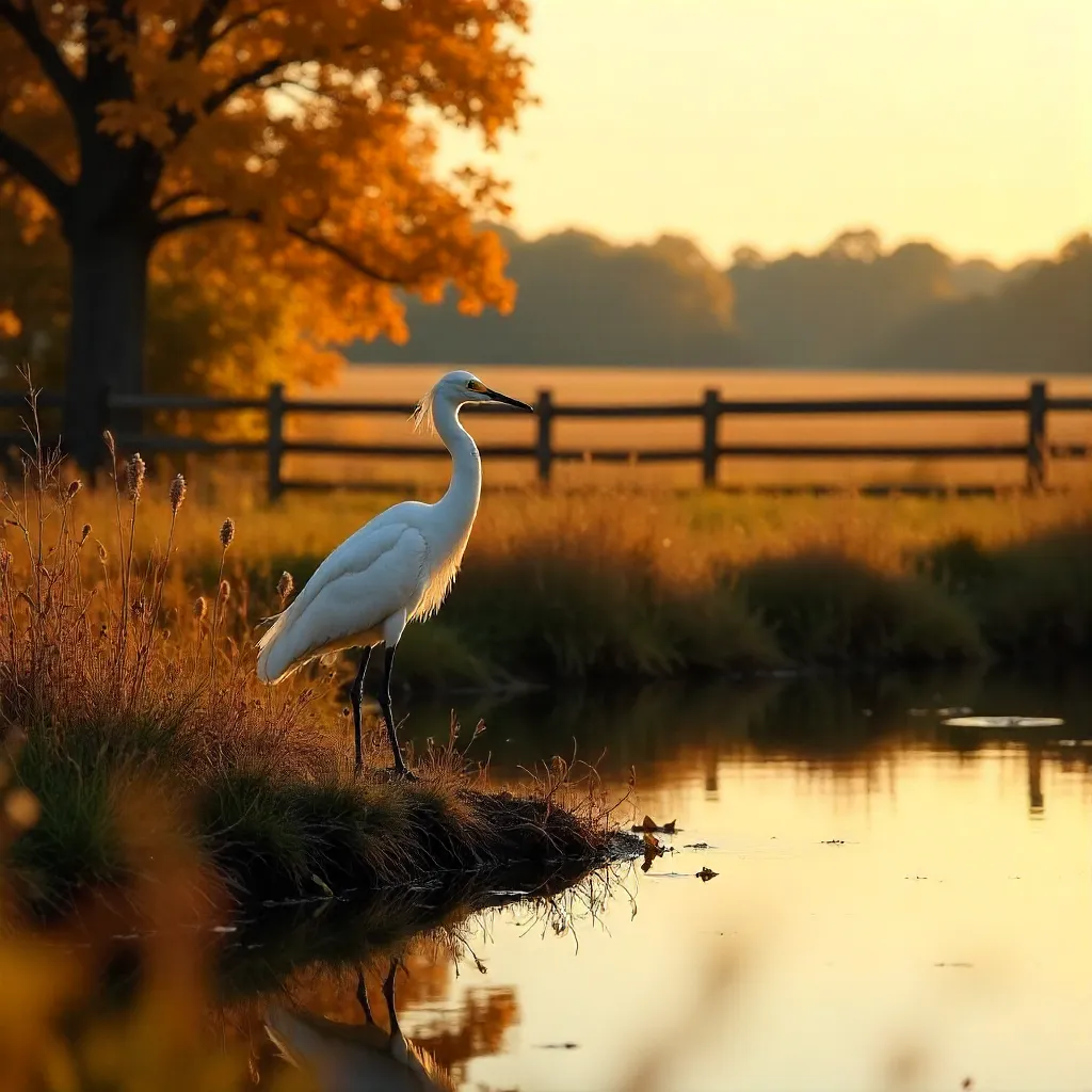 Solitary Cattle Egret in Autumn Sunlit Pasture