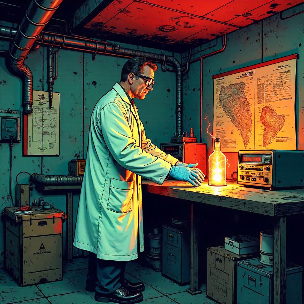 Comic Book Scientist Inside a Bomb Shelter