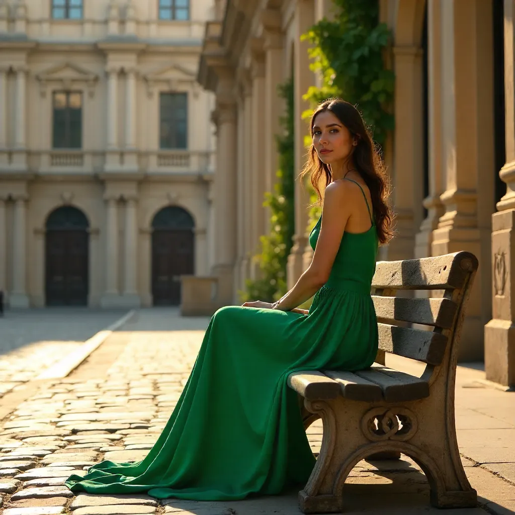 Emerald Dress by the Historic Courtyard Bench