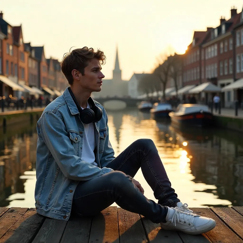 Casual Young Man on Lille Dock at Golden Hour