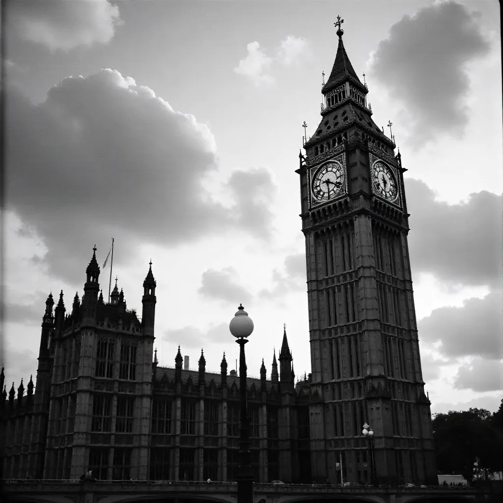 Monochrome Big Ben and Parliament under Cloudy Sky