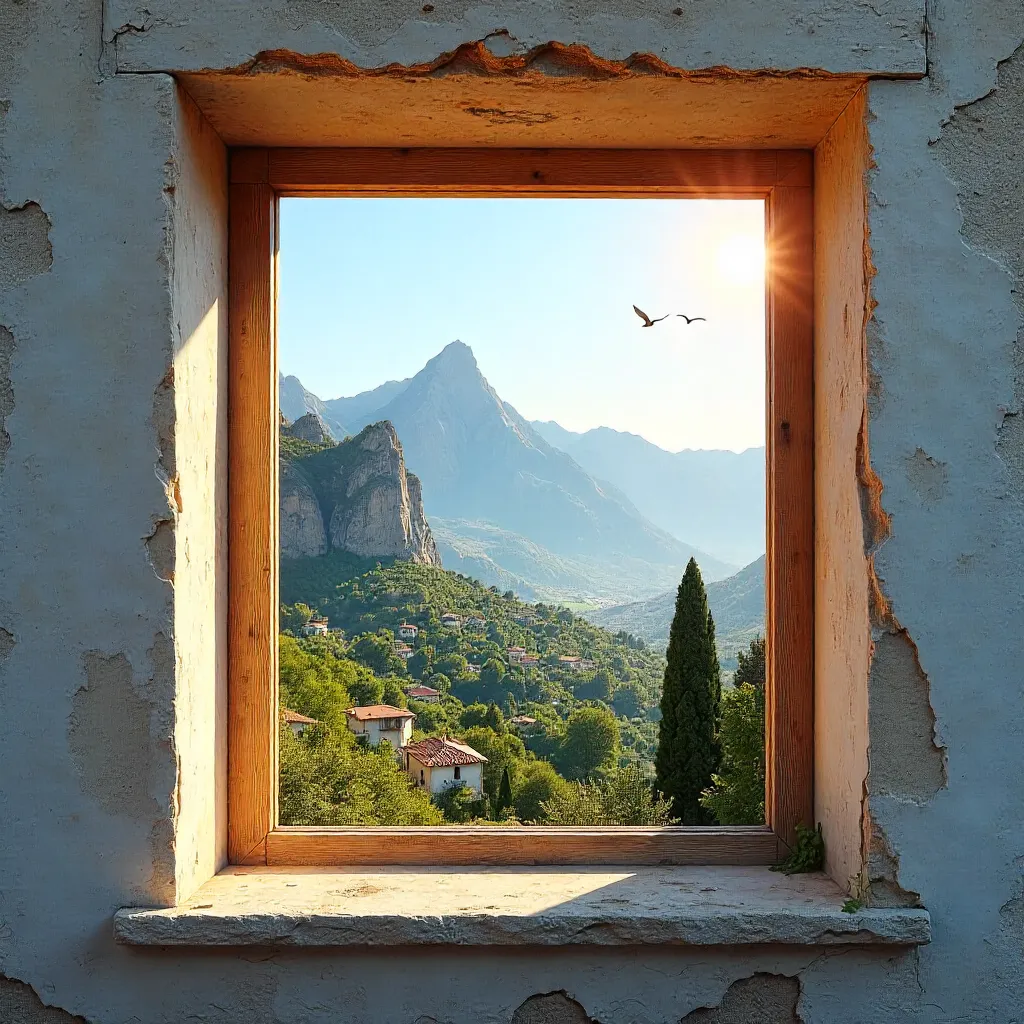 Sunny Mountain View Through Rustic Lebanese Window