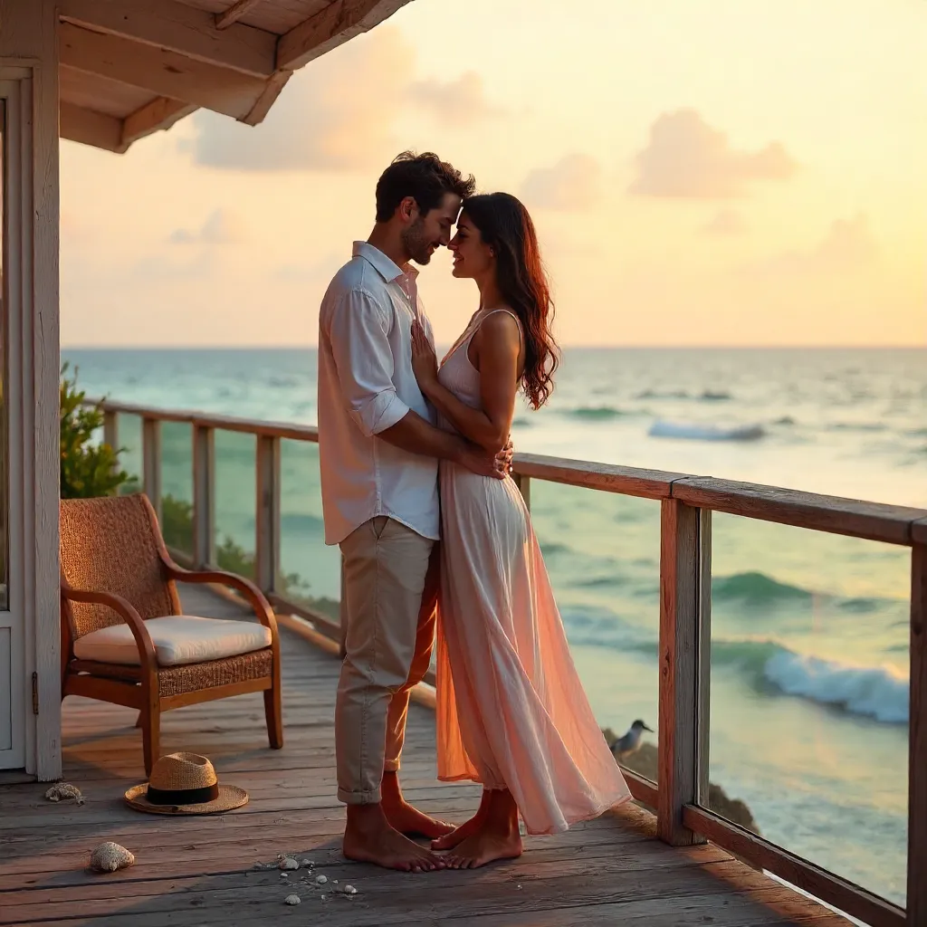 Loving Embrace on a Beachfront Deck