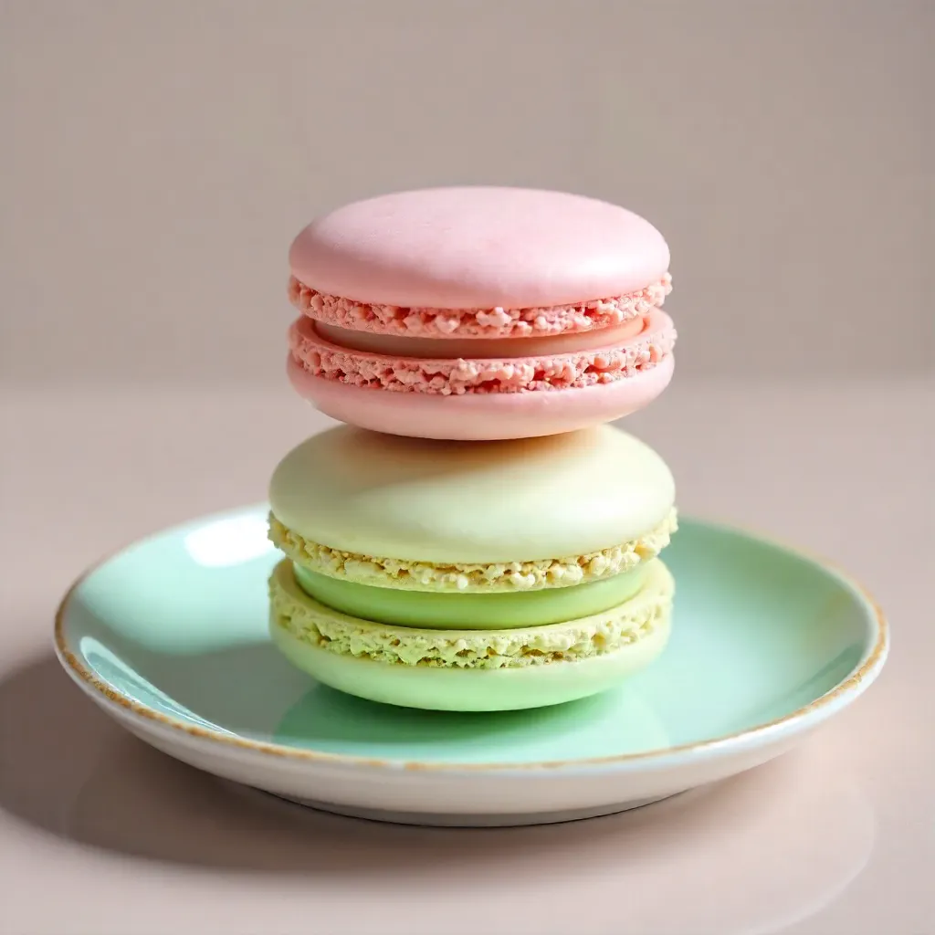 Stacked Macarons on Reflective Porcelain Plate