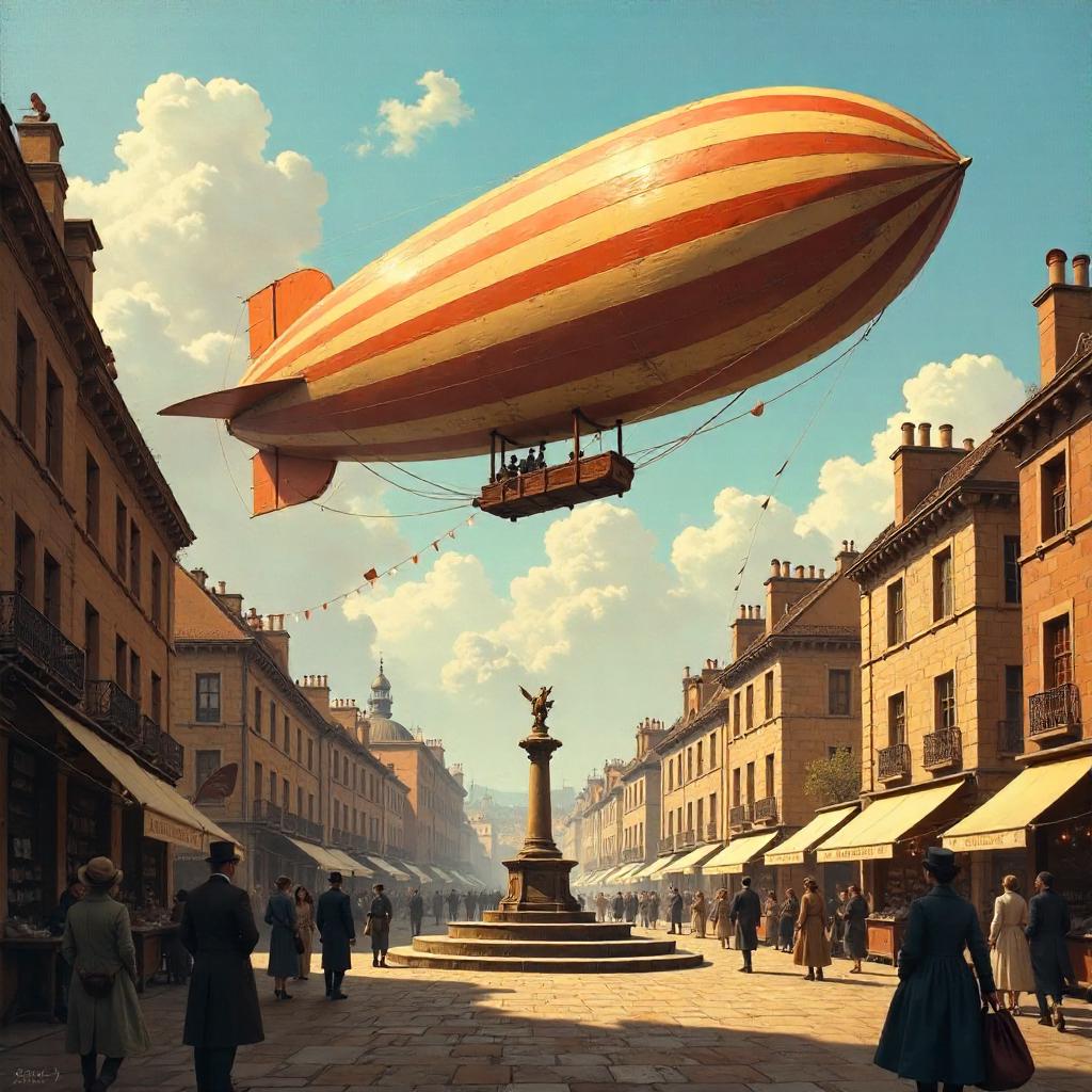 Airship Over Town Square in Oil Painting