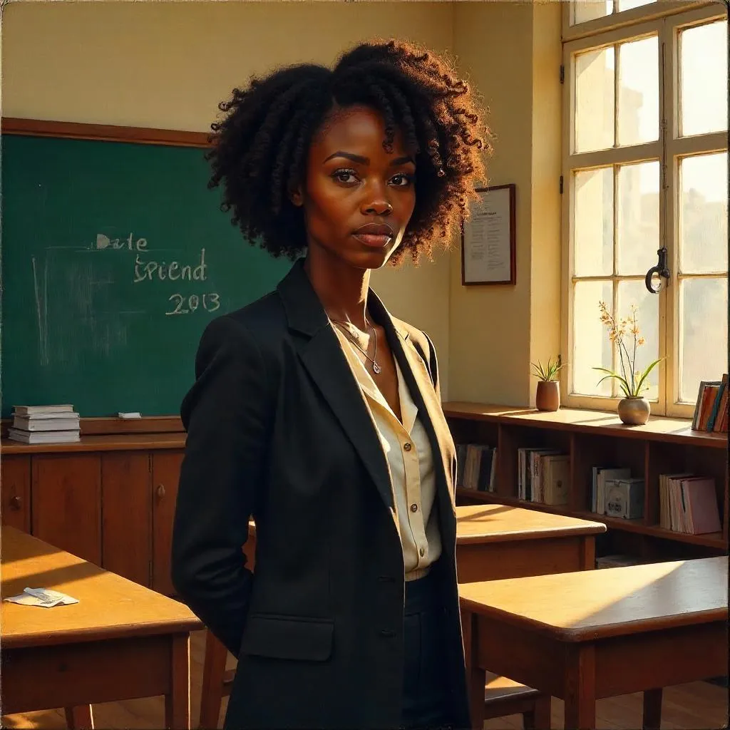 Confident Black Woman Teacher in a Classroom - Oil Painting