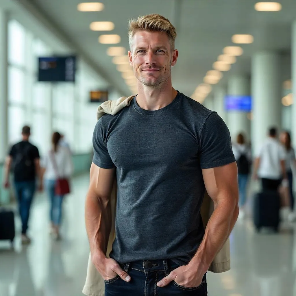 Photorealistic Strong White Man in an Airport Terminal