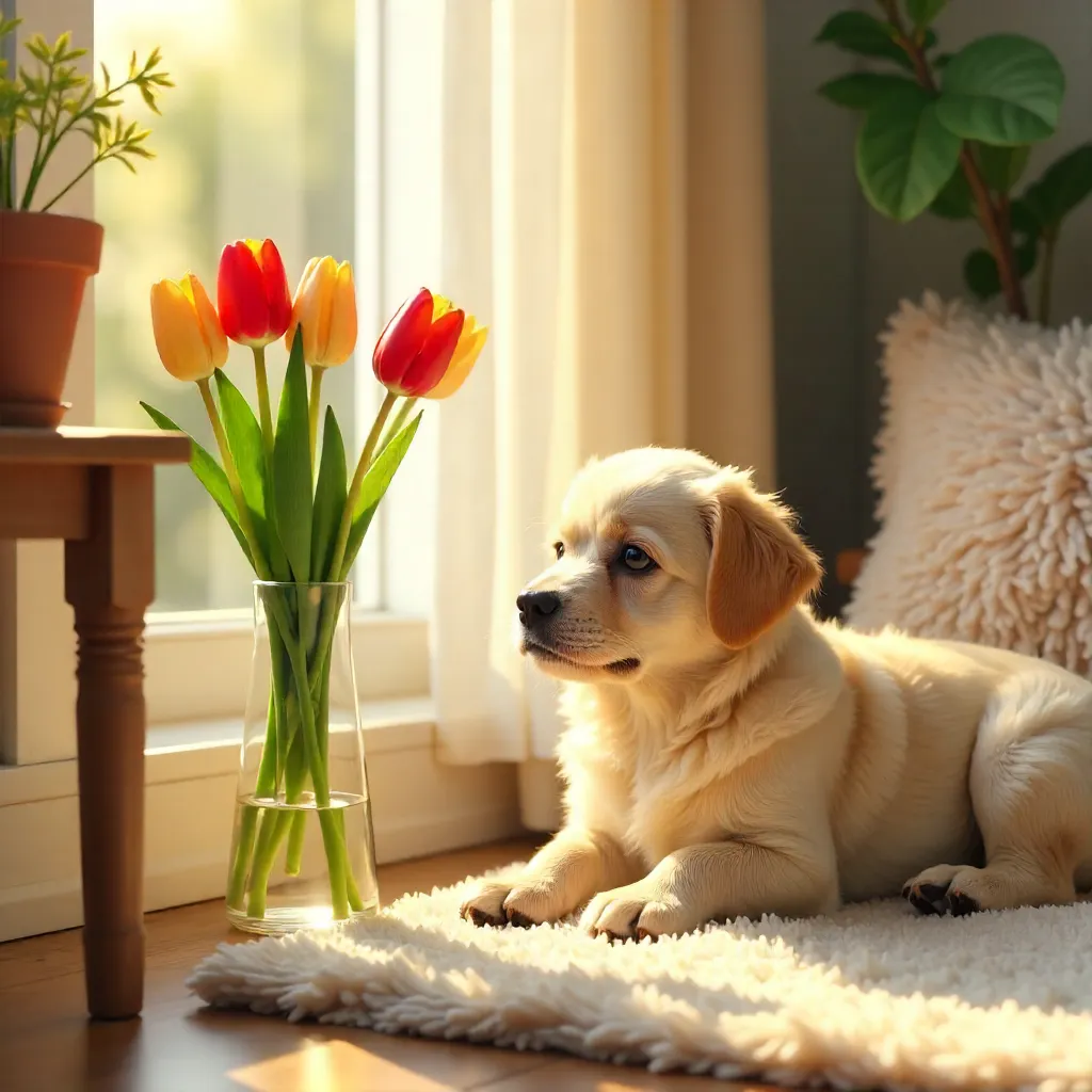 Sunlit Corner: Small Dog and Tulip Vase