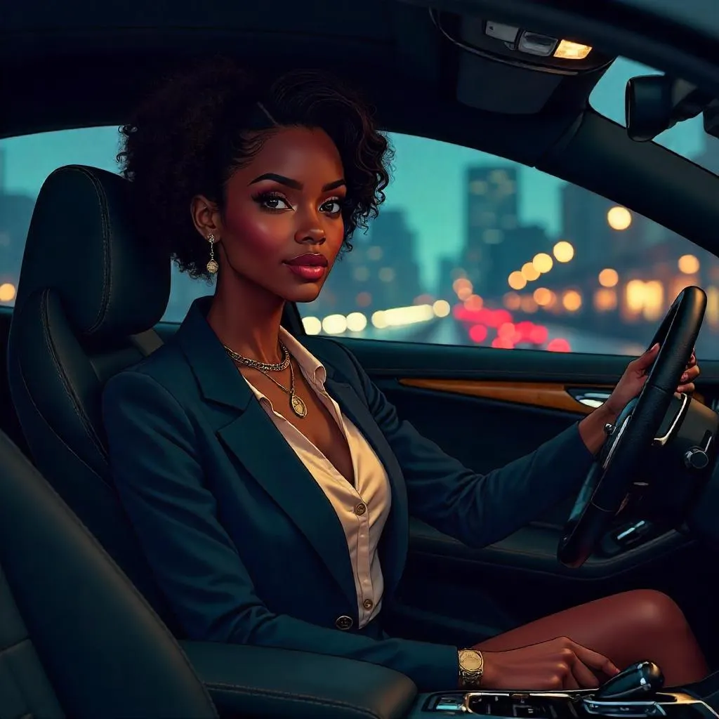 Elegant Black Girl in an Anime-Style Car