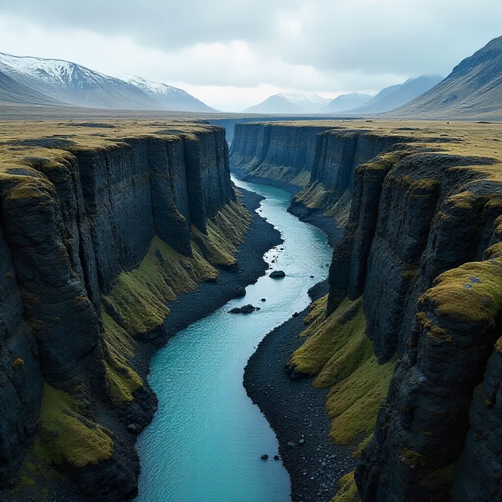 Bleak Iceland: Aerial Basalt Riverscape