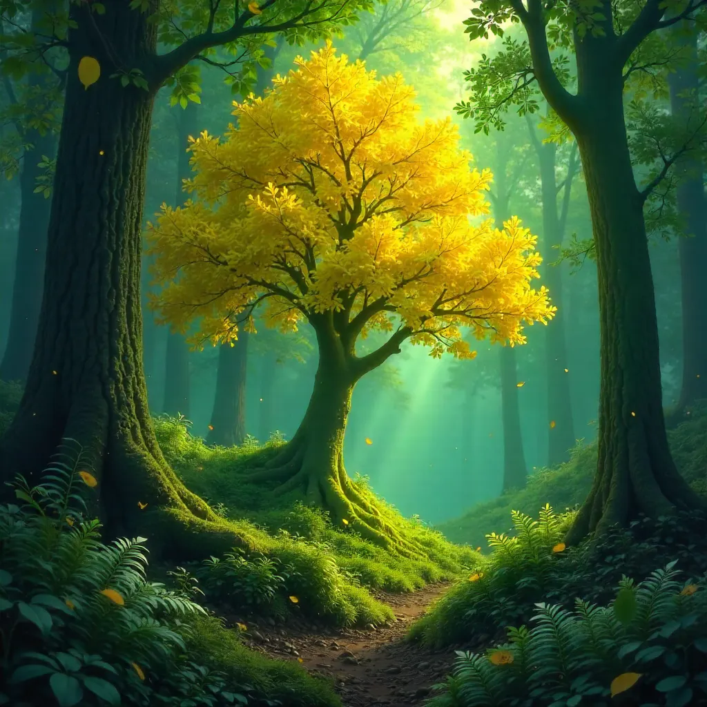 Luminous Yellow Tree Amid Emerald Forest