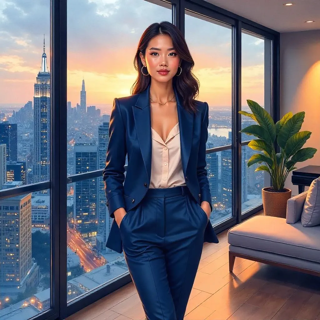 Watercolor Chic: Asian Woman in a Penthouse