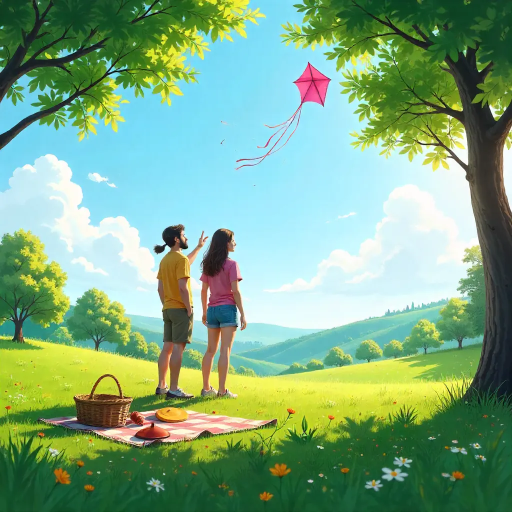 Two Friends Enjoy a Sunny Day Flying a Pink Kite