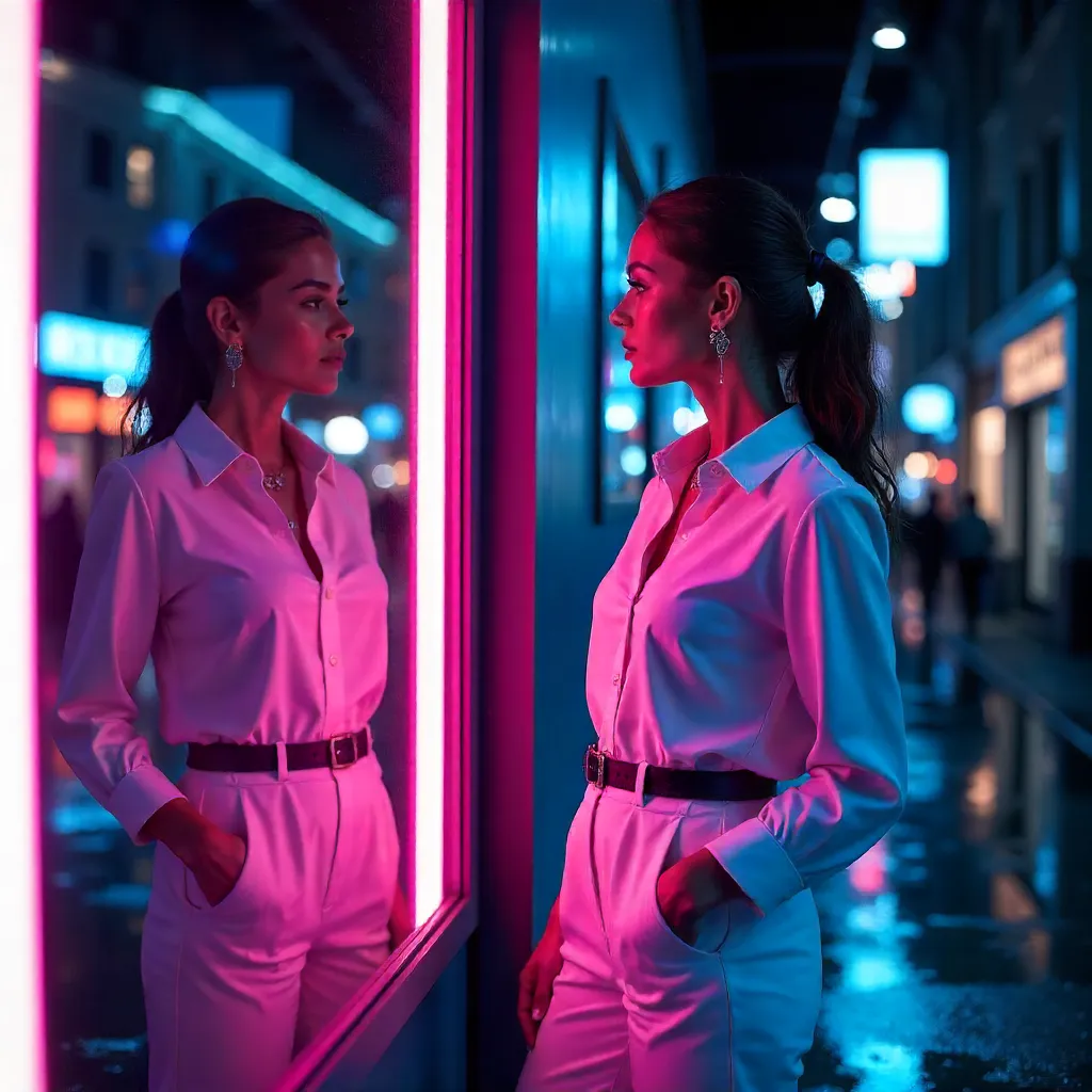 Neon Reflections: Urban Style in a White Shirt