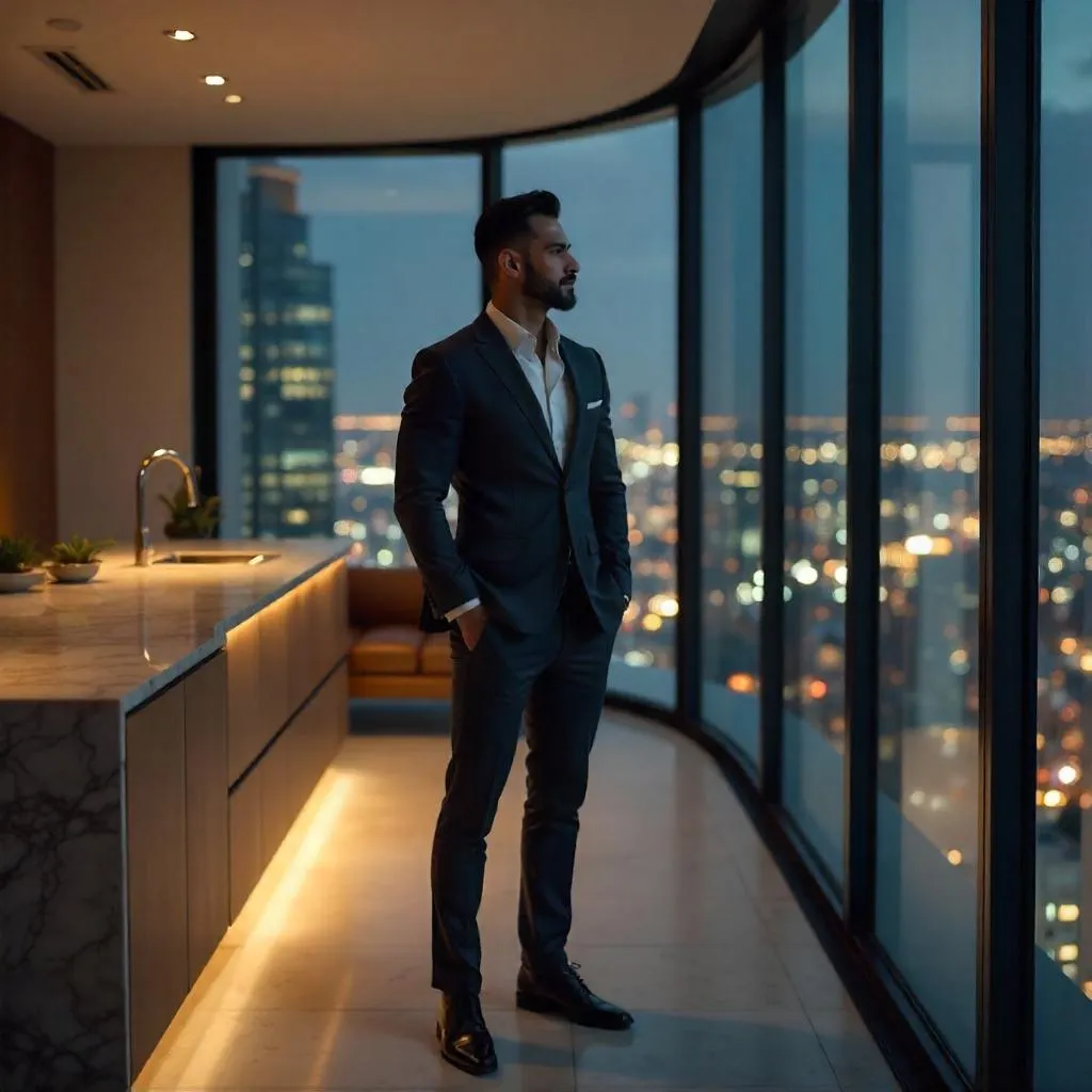 Photorealistic Strong Latino Man in a Penthouse