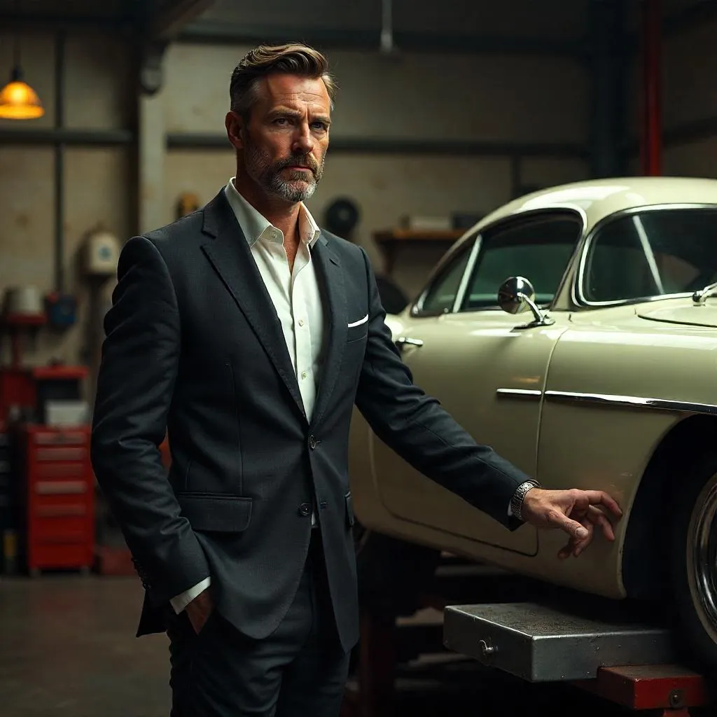 Elegant White Man in a Photorealistic Mechanic Shop