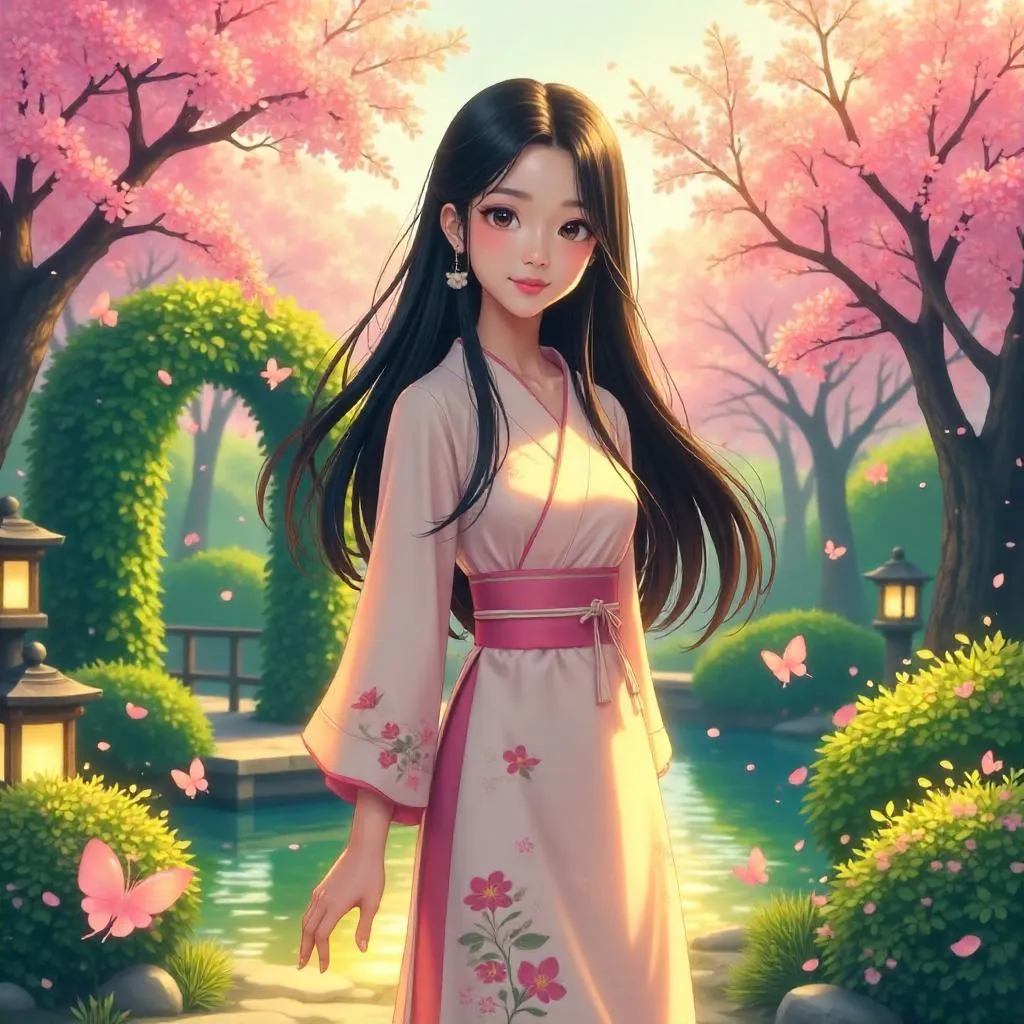 Anime Garden Portrait: Young Asian Woman in Bloom