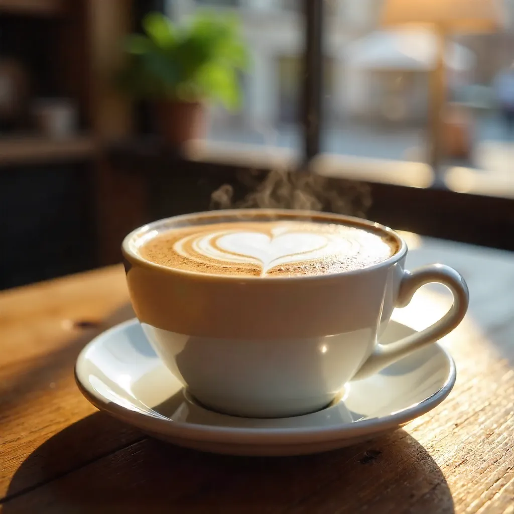 Heart Latte Art Cappuccino by a Sunlit Window