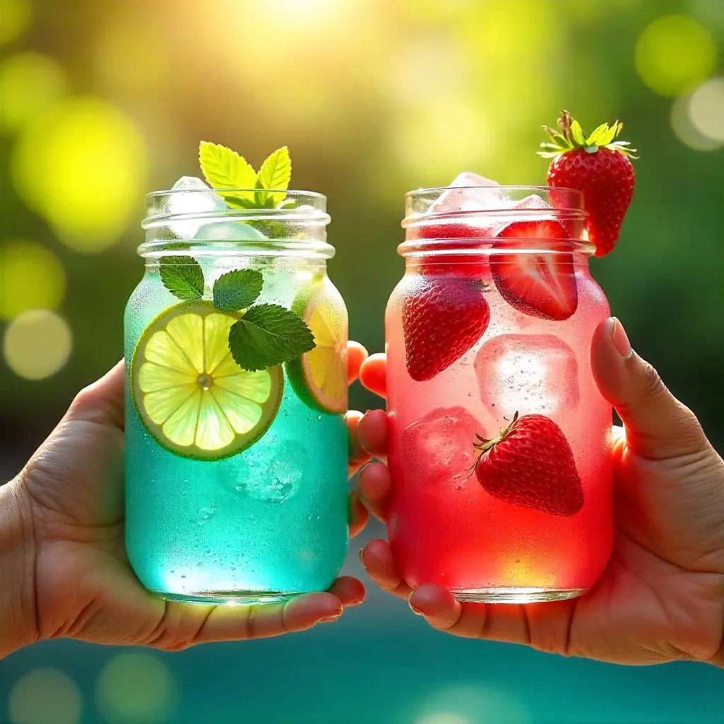 Two Hands Holding Colorful Iced Drinks in Glass Jars