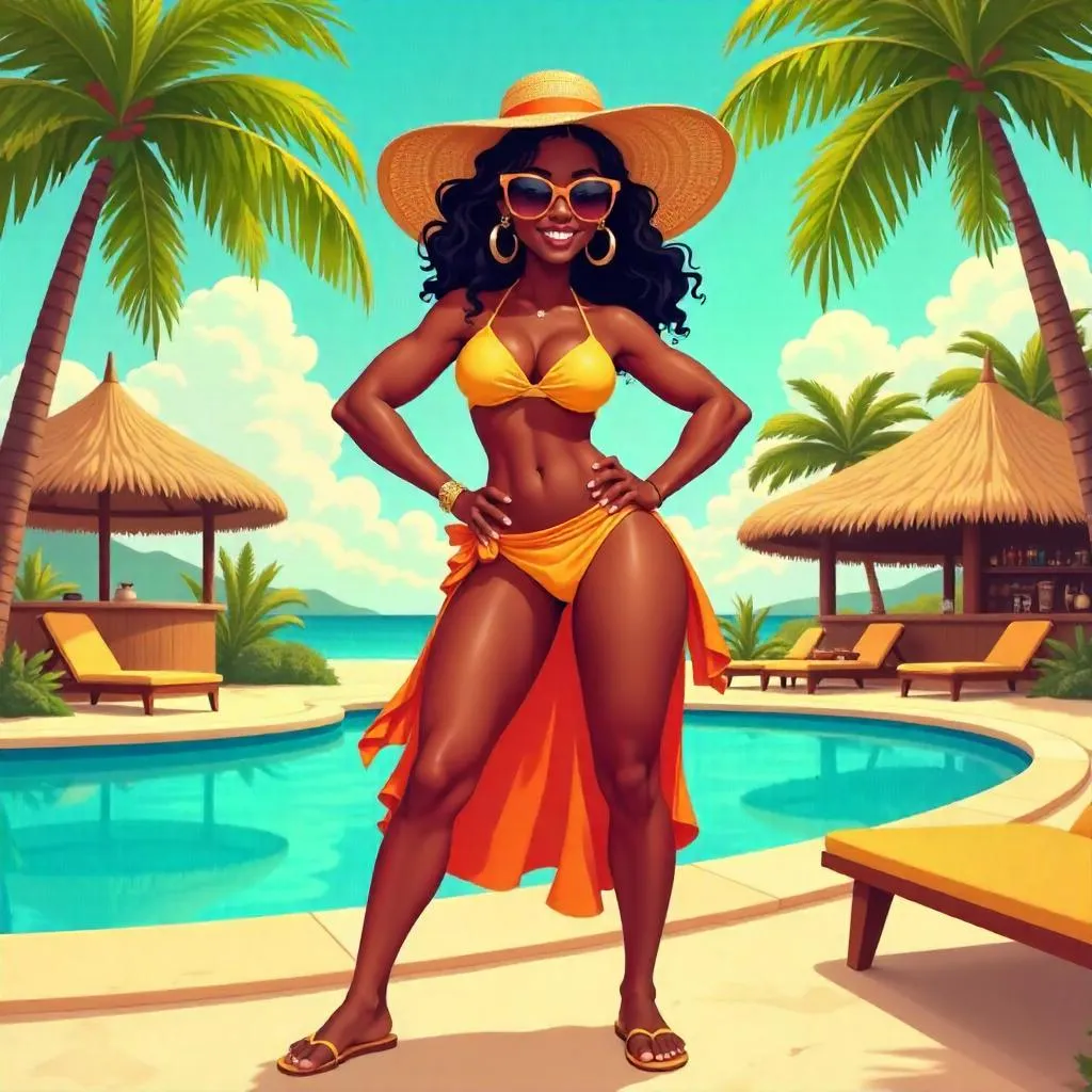 Confident Black Woman at a Cartoon Resort