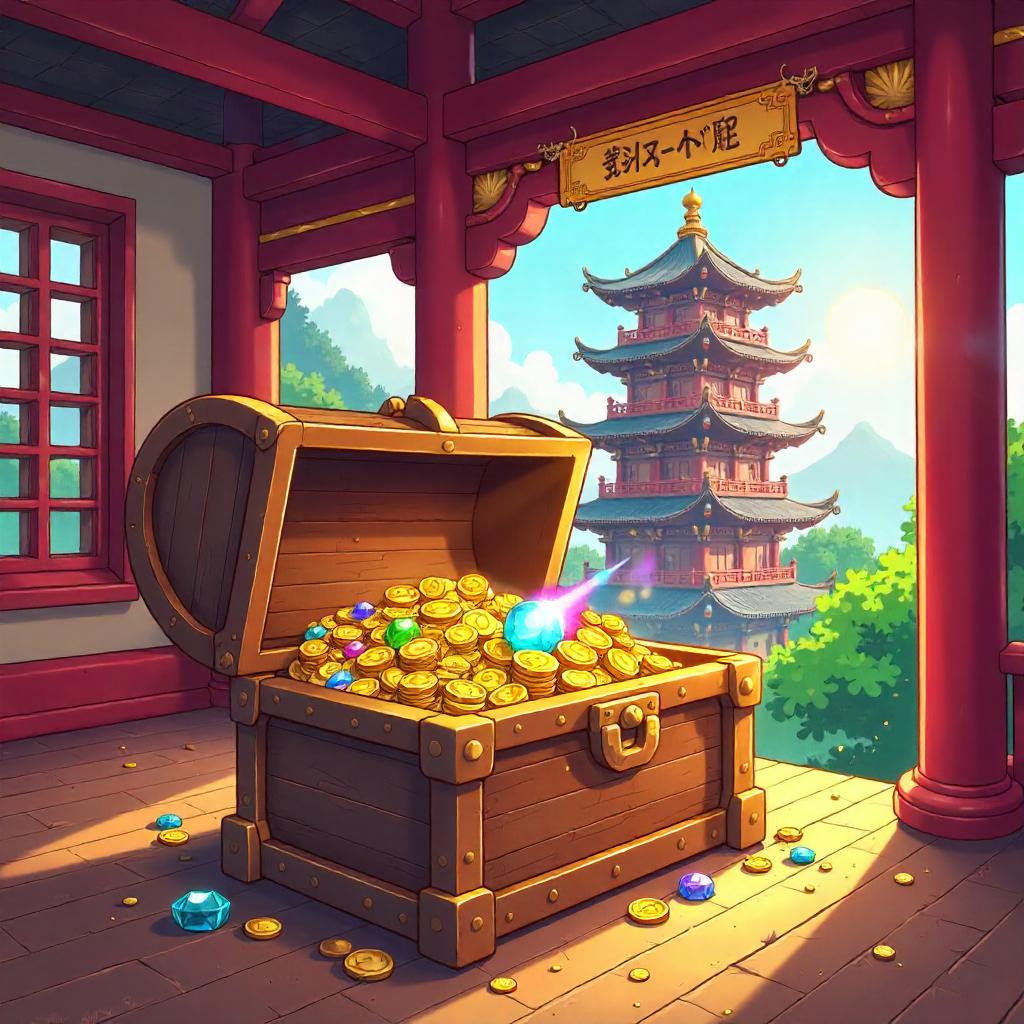 Cartoon Treasure Chest in a Pagoda
