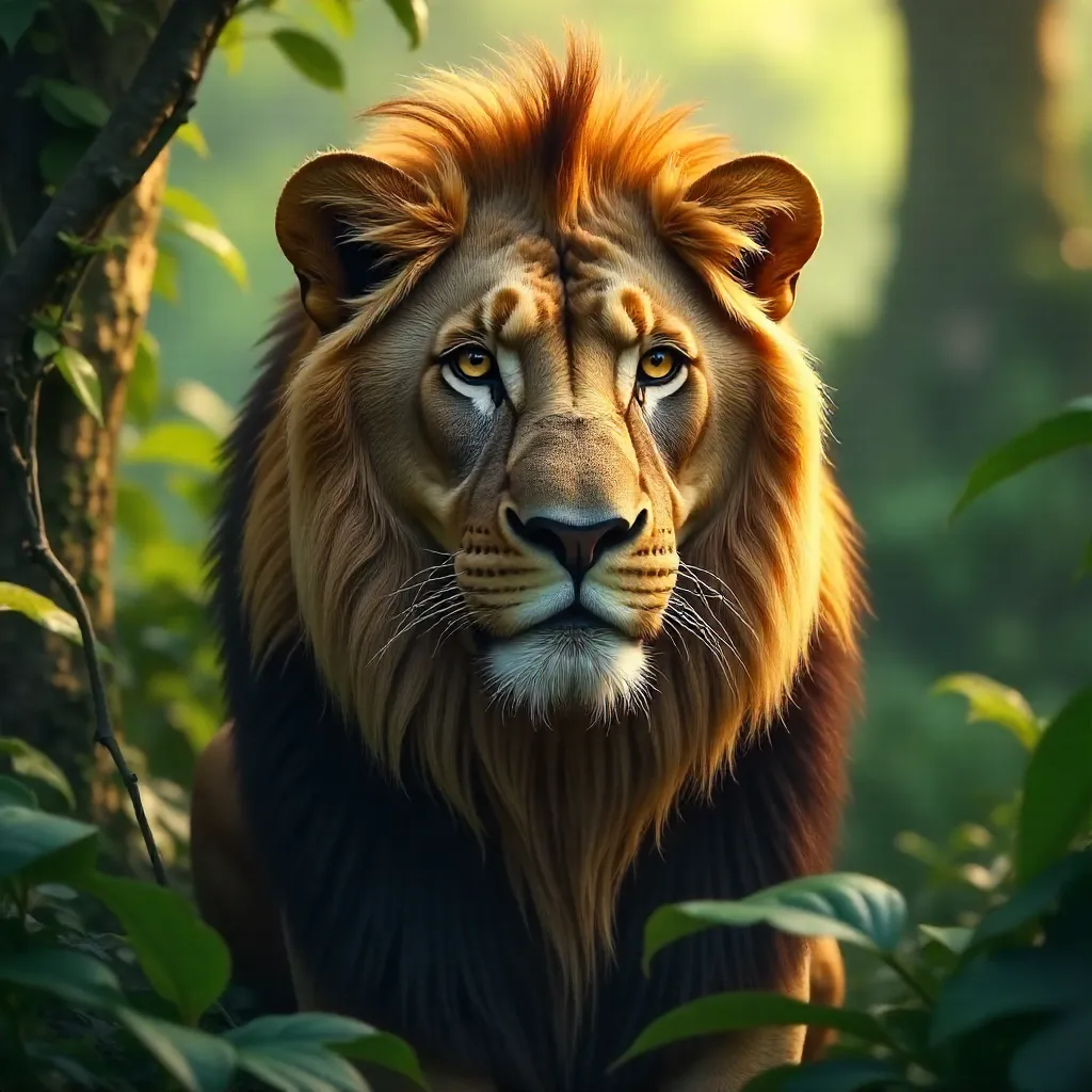 Close-Up of a Regal Lion in Jungle Greenery