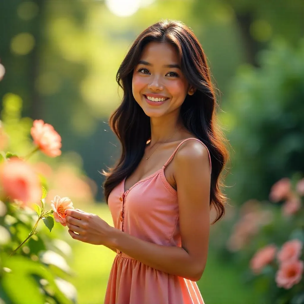 Cheerful Latina in a Sunlit Garden (3D Render)