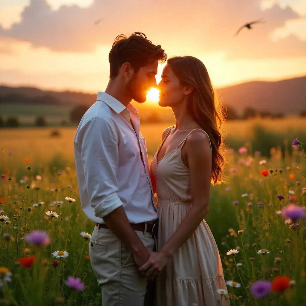 Tender Sunset Embrace in a Lush Summer Field
