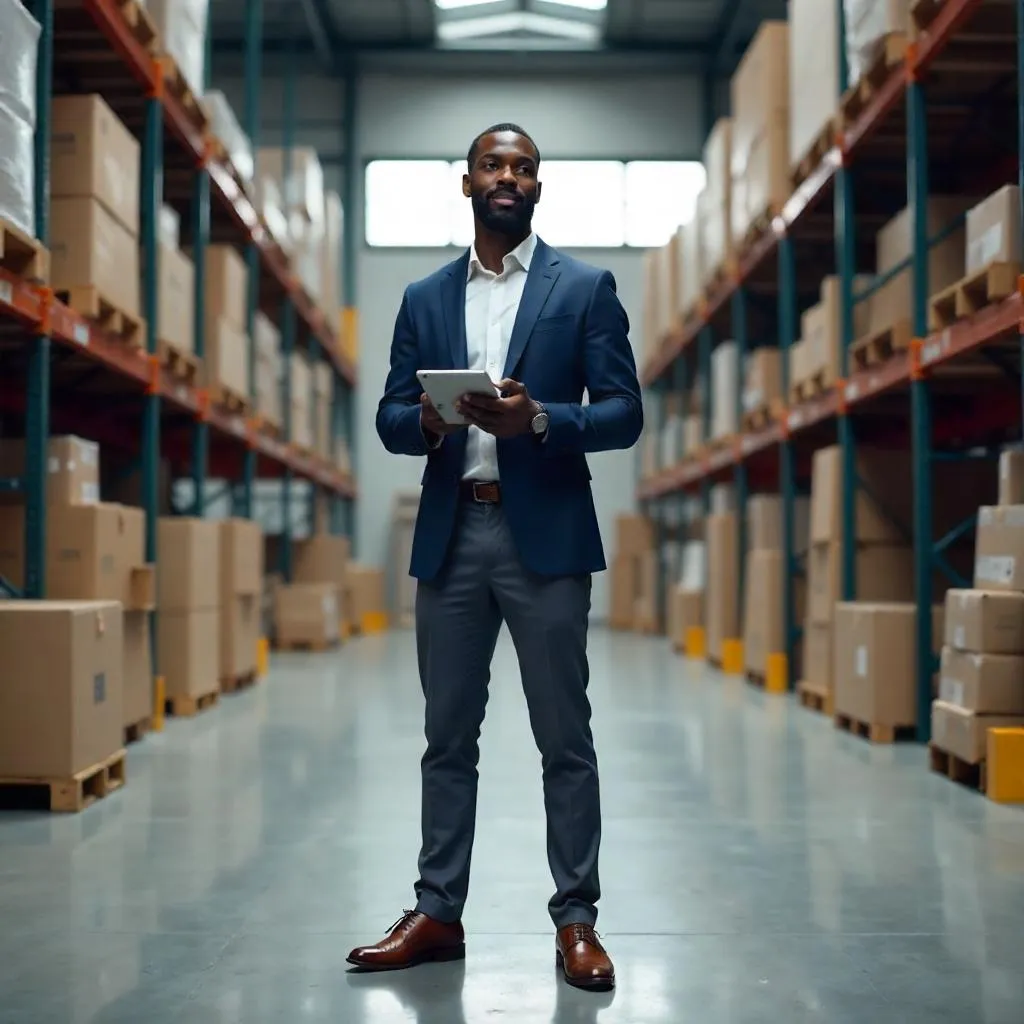 Photorealistic Professional Black Man in a Warehouse