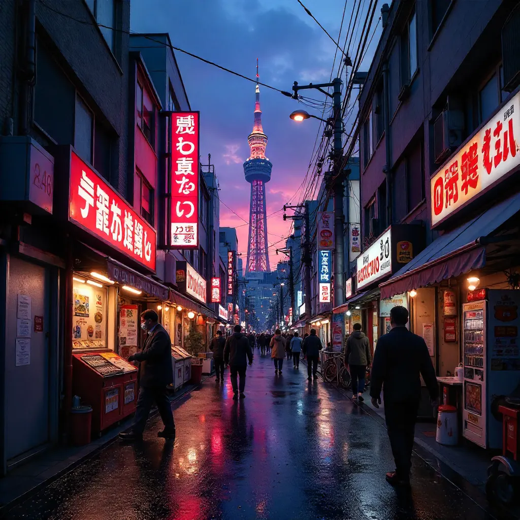 Lively Tokyo Street with Skytree View at Twilight