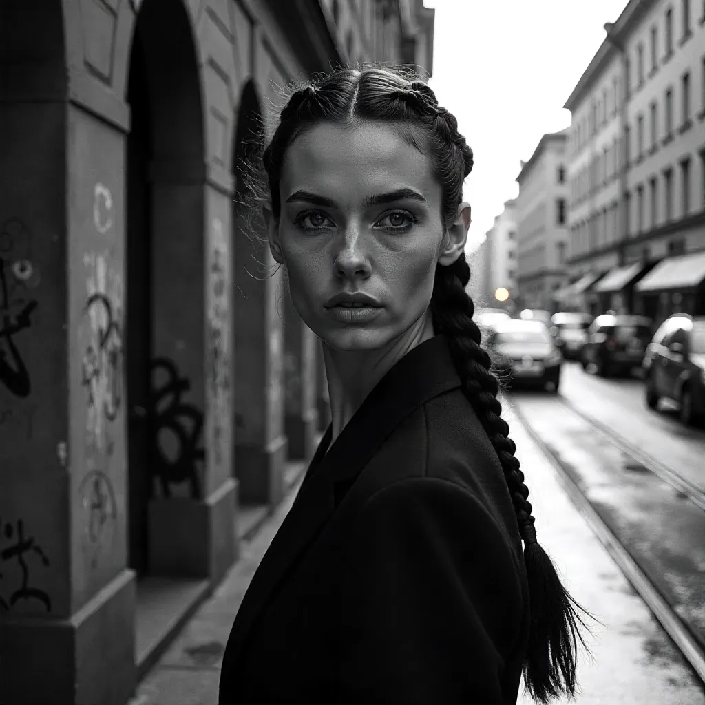 Monochrome Berlin Portrait: Braids and Street Contrast