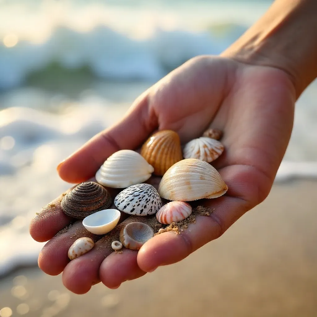 Close-Up Hand Grasping Assorted Seashells by the Shore
