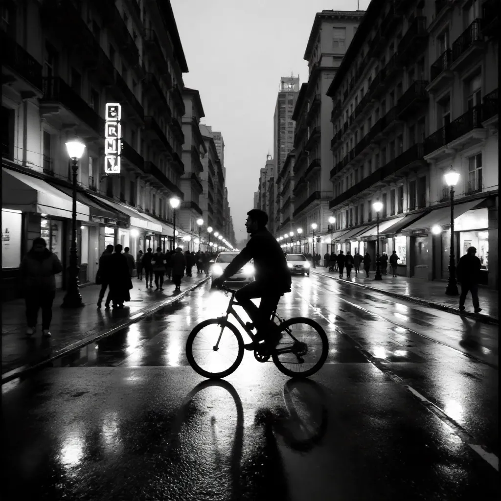 Blurred Cyclist in Buenos Aires: Black-and-White Street Life