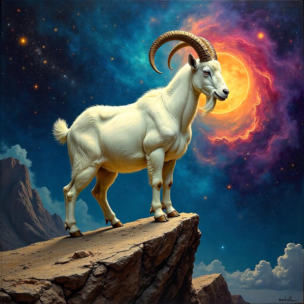 Goat Among Nebulae: Oil Painting in Space