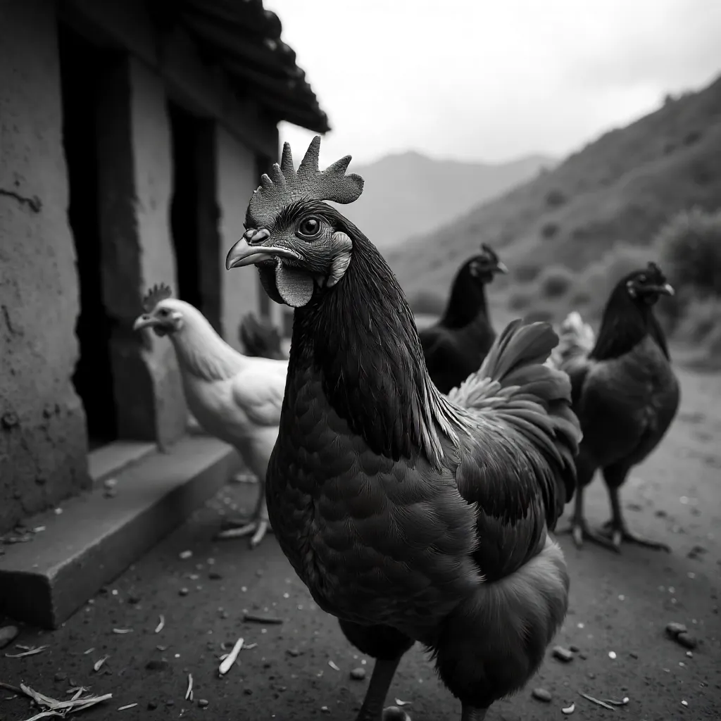 Monochrome Close-Up Chickens on an Ecuadorian Farm