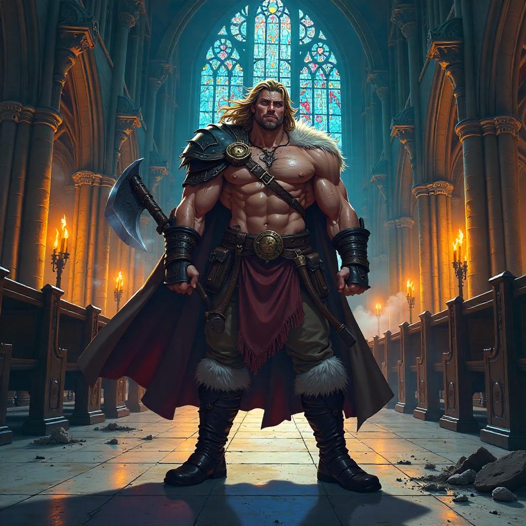 Anime Barbarian in a Gothic Cathedral