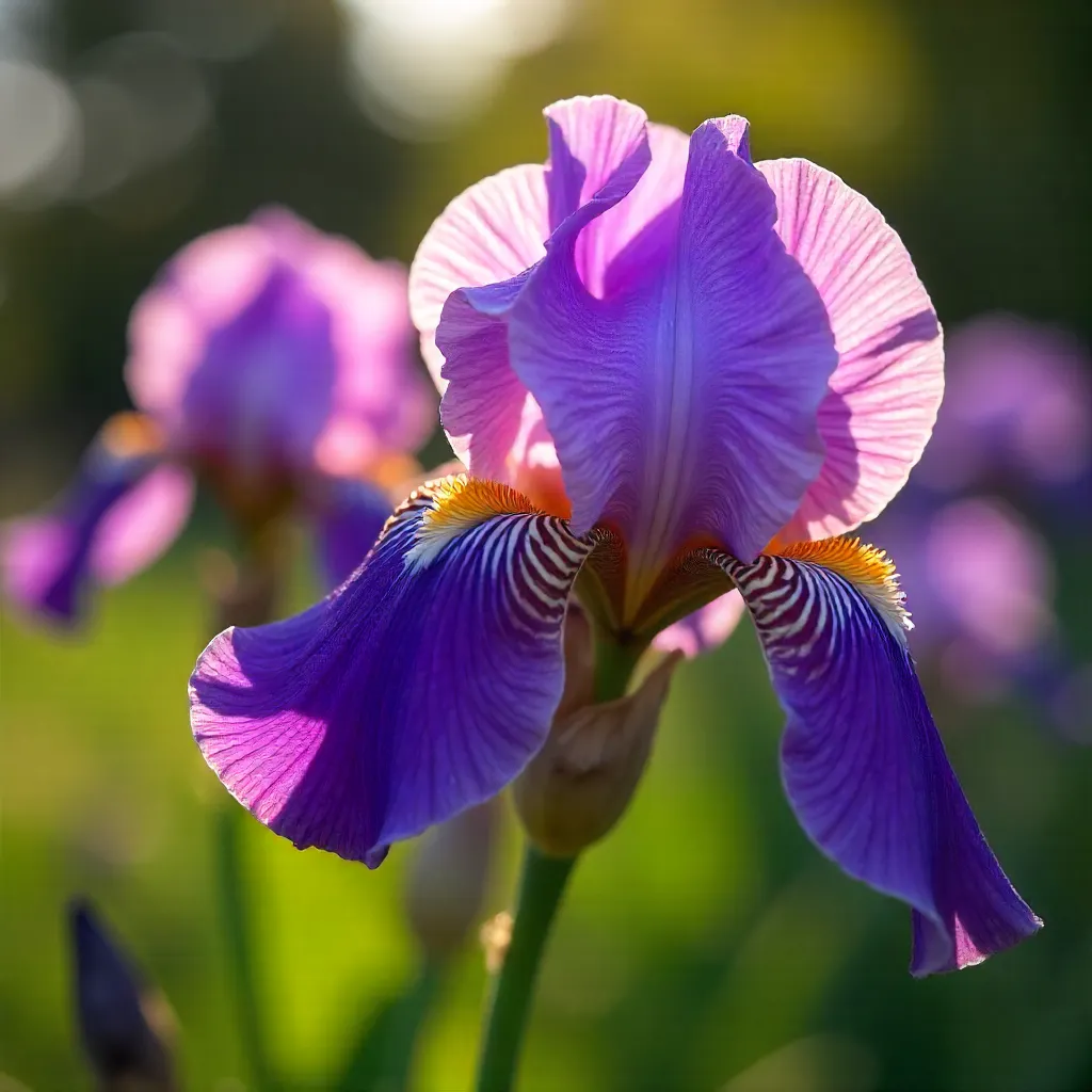 Close-Up of Purple Irises in a Sunlit Garden