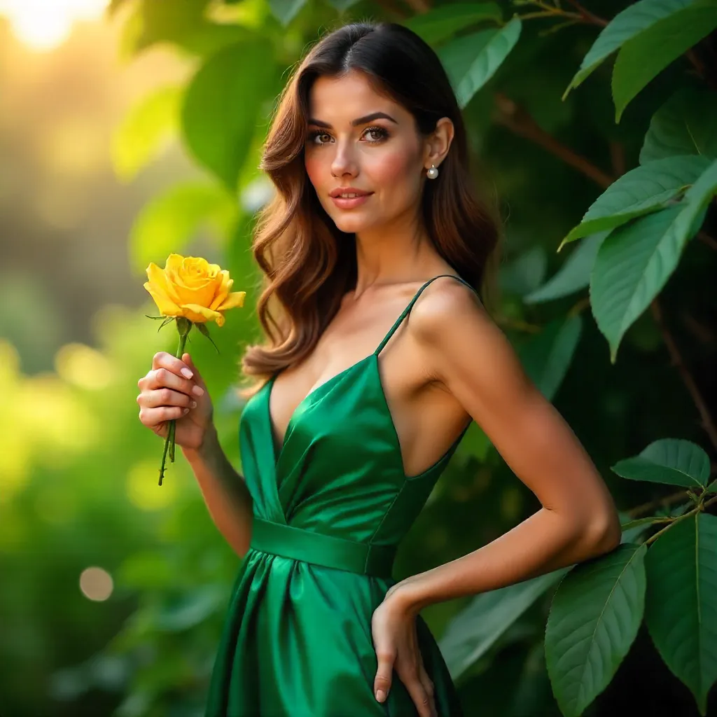 Emerald Elegance: Woman in Green Dress with Yellow Rose
