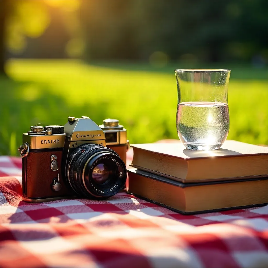 Sunlit Vintage Camera and Classic Books on Checkered Blanket