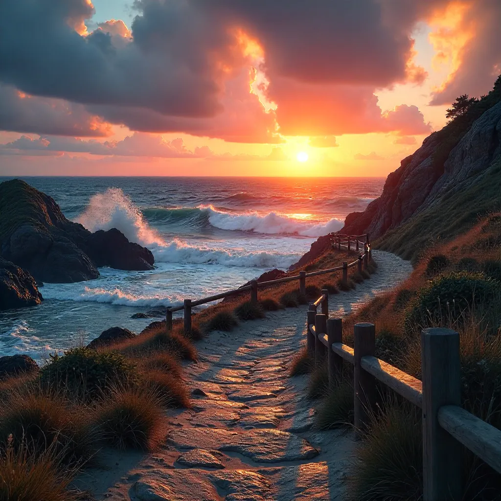 Coastal Path to the Ocean Under a Dramatic Sunset