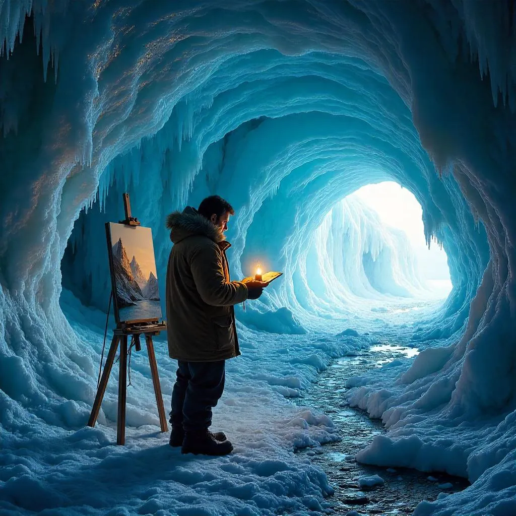 Photorealistic Artist Painting in Ice Cave