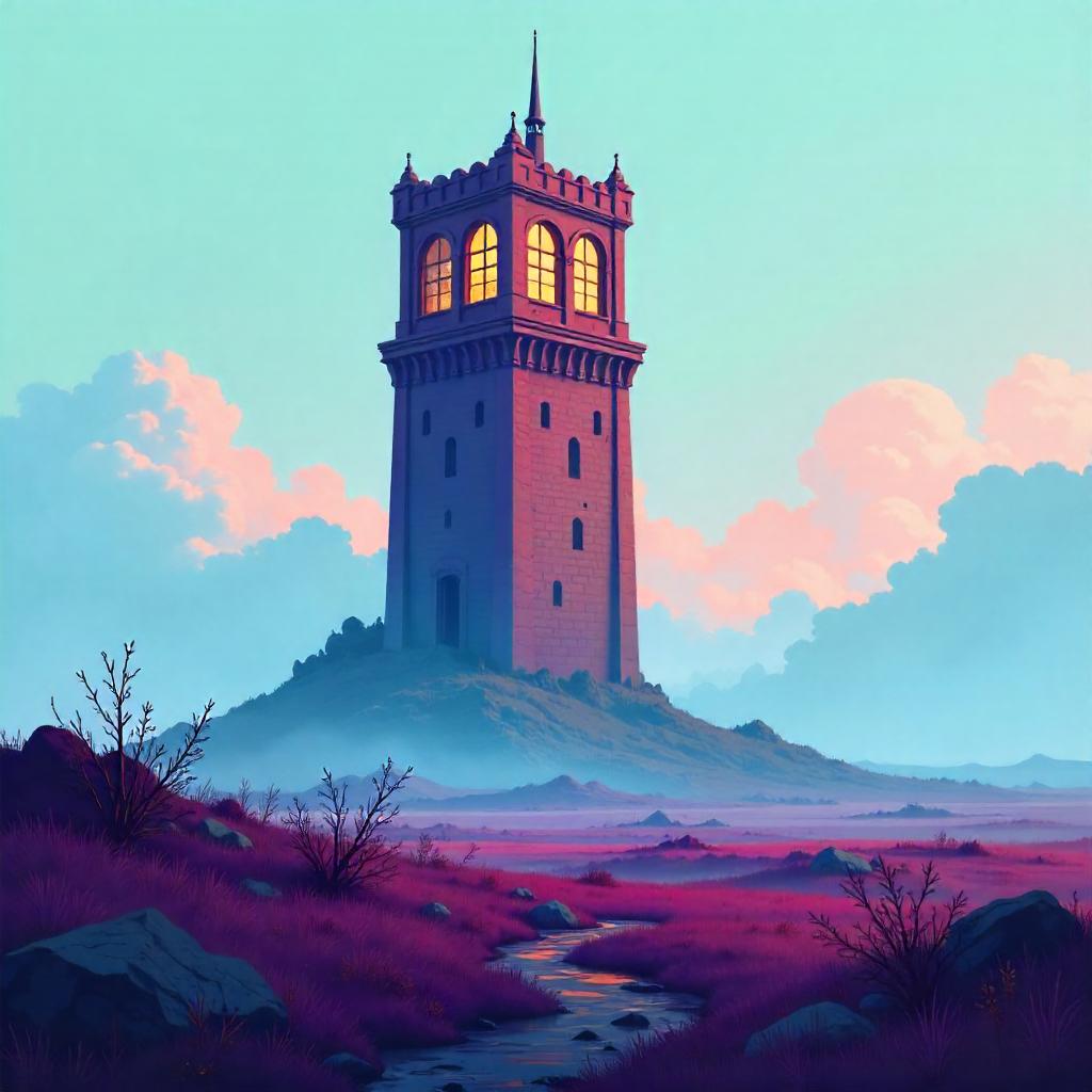 Cartoon Skyscraper Rising from Foggy Moor