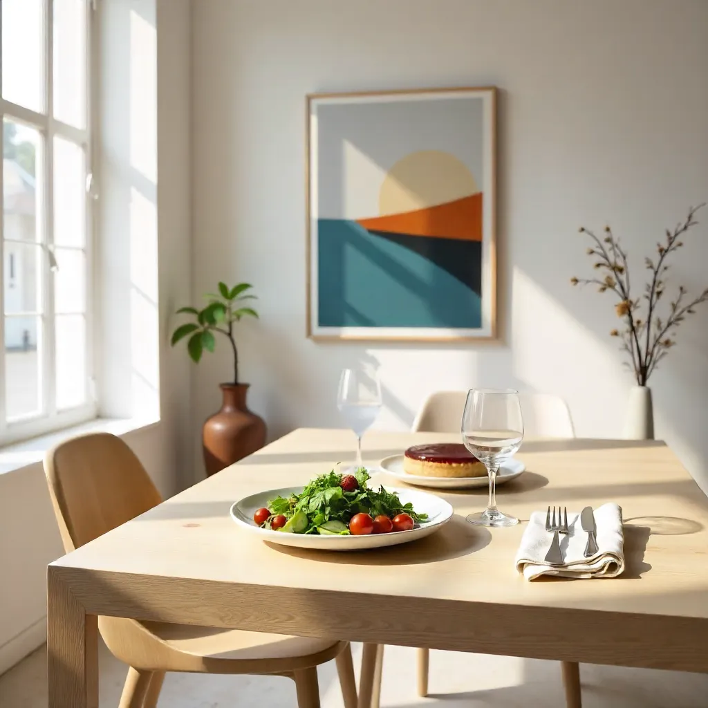 Serene Modern Dining: Salad, Tart, and Art