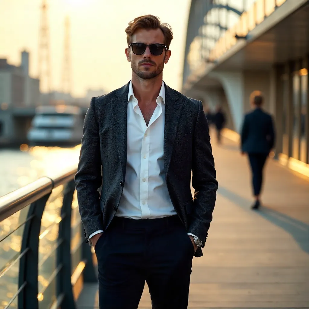 Confident Fashionable Man by Bridge at Golden Hour