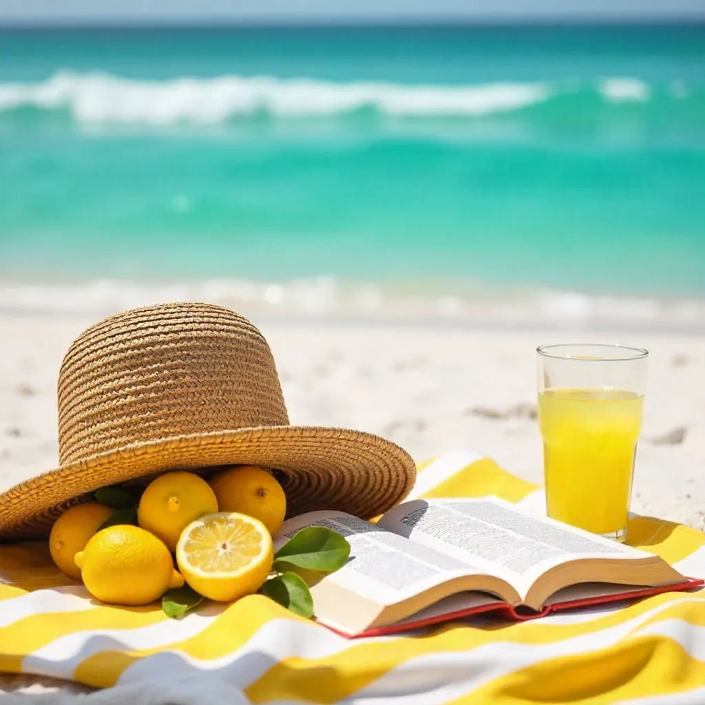 Sunny Beach Picnic with Lemons and Straw Hat