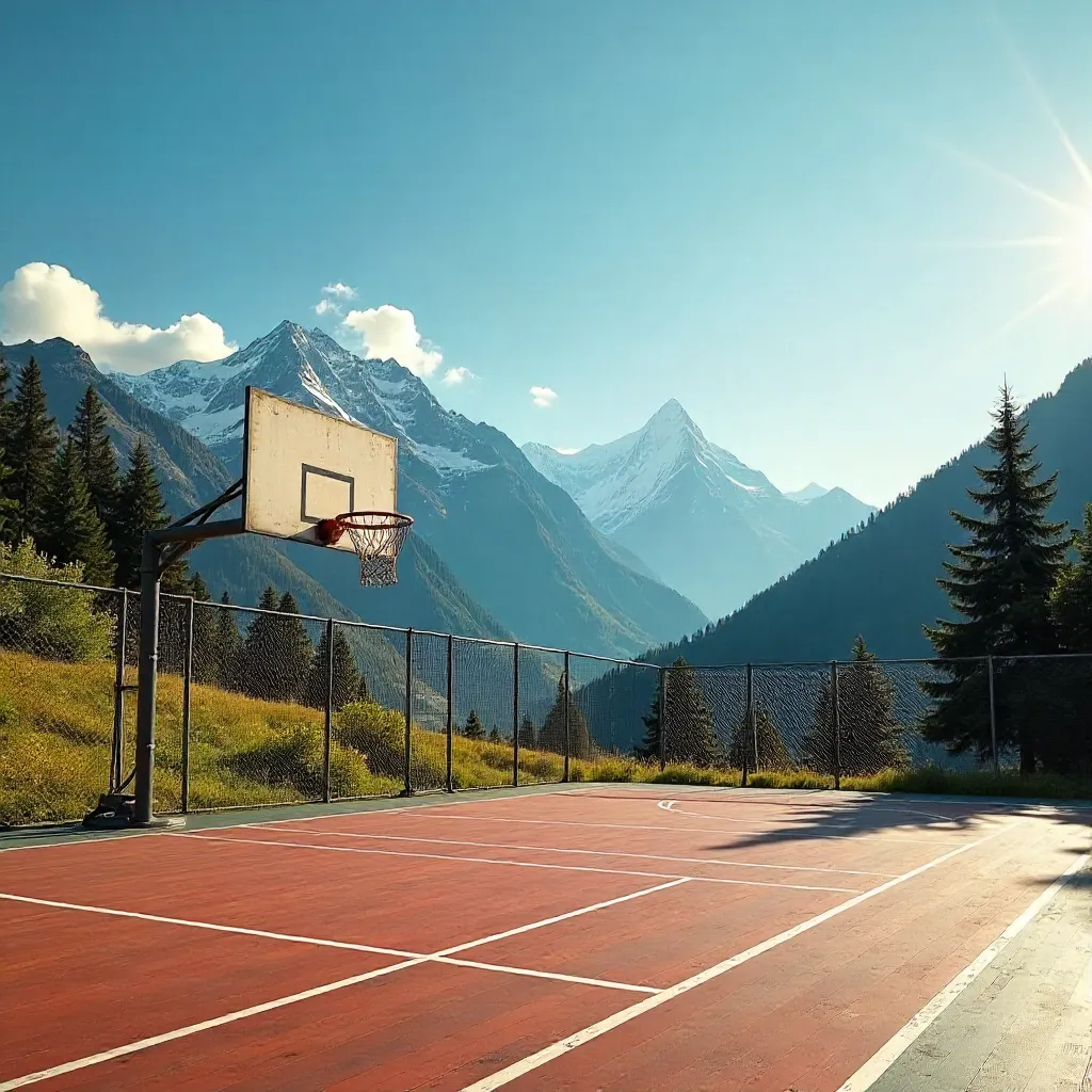 Sunlit Alpine Basketball Court Under Mountain Peaks