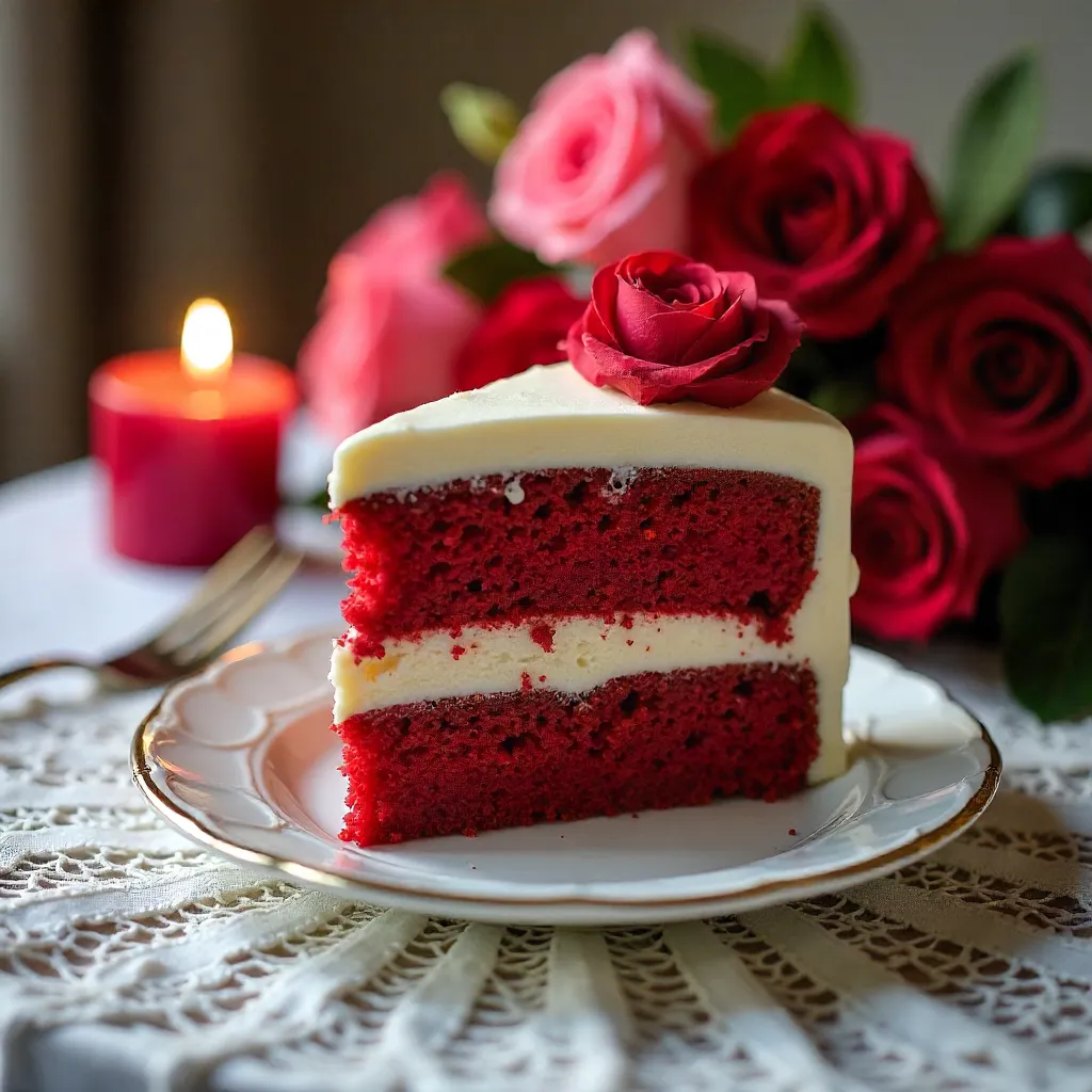 Red Velvet Slice with Rose Bouquet on Lace Table