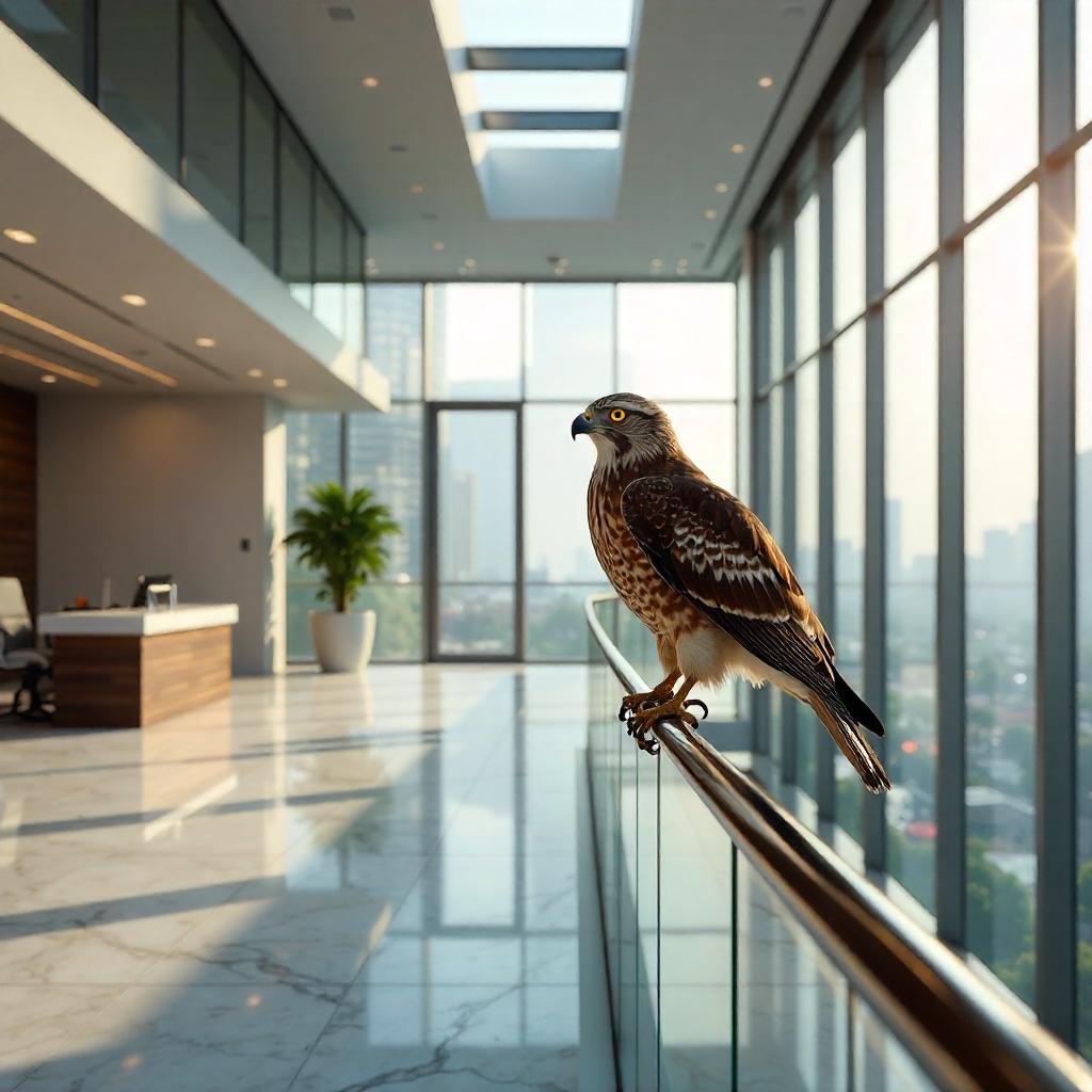 3D Rendered Hawk in a Modern Office Lobby
