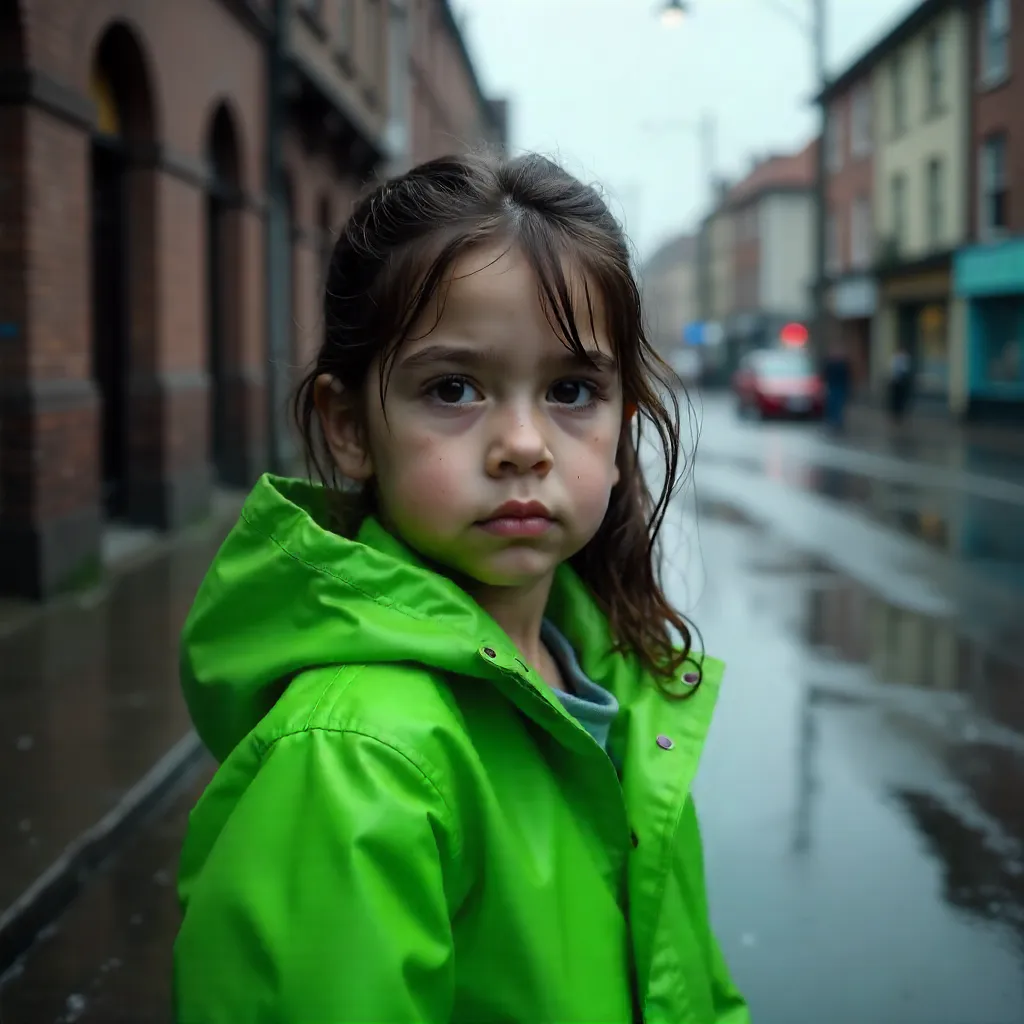 Young Girl in a Green Raincoat in the Rain