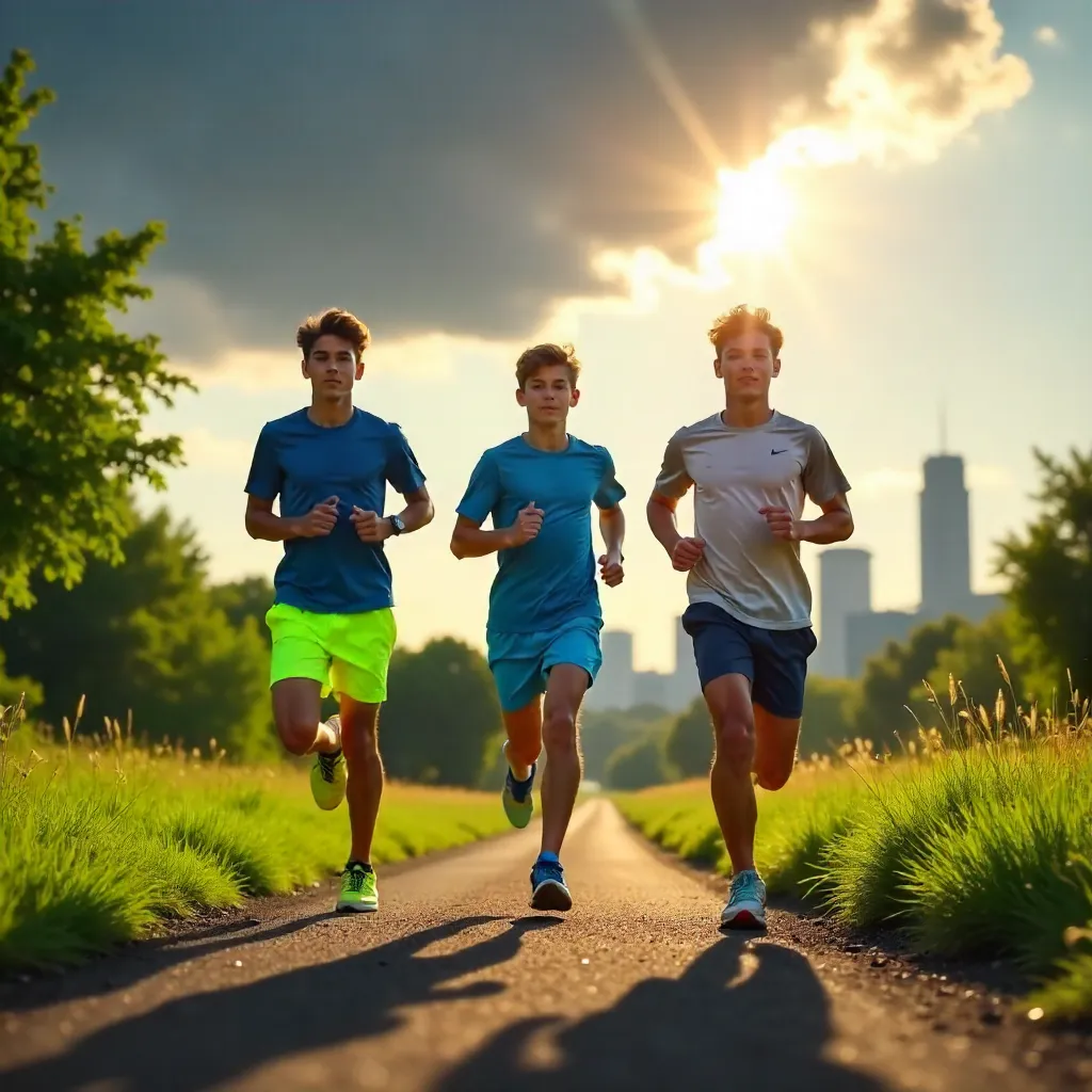 Three Teens Jogging Under Dramatic Cloudscape